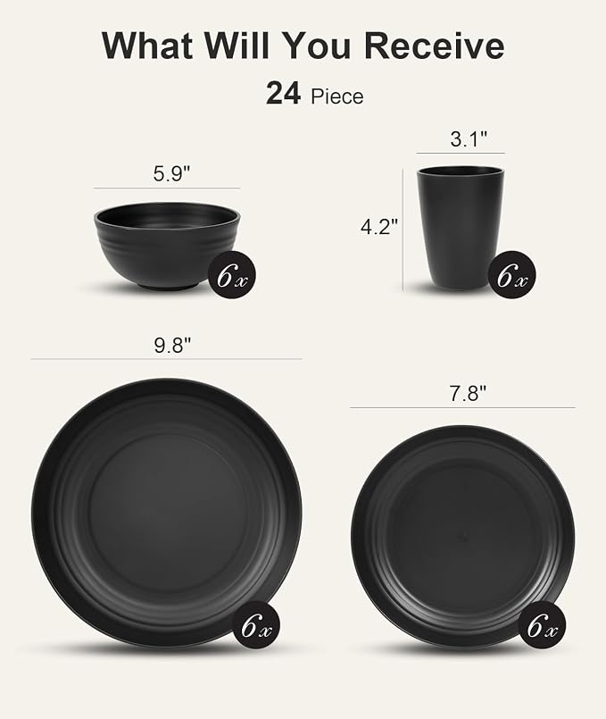 Quatish 24 Piece Plates and Bowls Sets for 6, Unbreakable Dinnerware Sets, Dish Set for Camping, Dishwasher Microwave Safe, Outdoor Kitchen and Apartment Dorm Dinning RV Essentials, Black