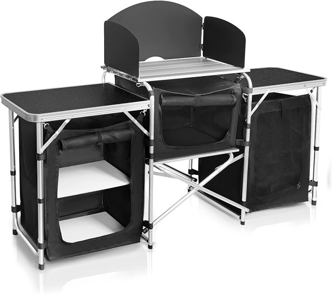 CampLand Folding Camping Kitchen Table with Windscreen,Portable Outdoor Cooking Station with Storage Cabinet & Side Tables Heavy Duty Camp Cook Station for Camping & BBQ (Black3cabinet)
