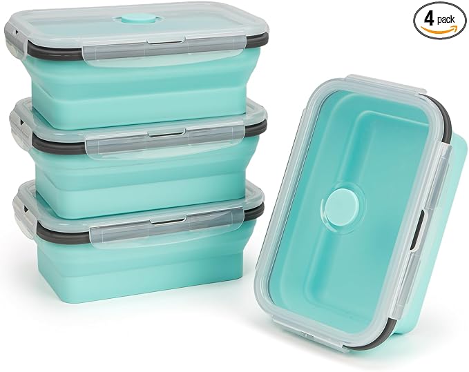 Collapsible Silicone Food Storage Containers Set with Lid & Air Vent,Foldable Lunch Containers(4PCS,Light Turquoise,27oz)