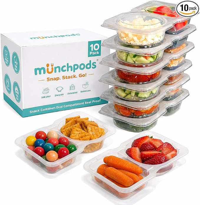 Reusable Snack Containers with Lids 10 Pack (20 Pieces) Portion control, Snack Pack Containers 2 Double Compartment Snack Containers for Kids On the Go Meals, Camping Snack Tray Prep