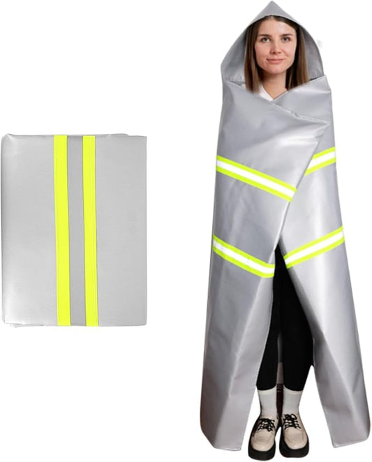 Emergency Fireproof Cloak with Hood – Silver Silicone Coated Fiberglass Fire Blanket, 59 x 63 Inches, Heat Resistant Safety Cover for Escape- fire Retardant Blanket - fire Extinguisher