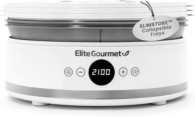 Elite Gourmet EFD329WD Digital Food Dehydrator, 5 SlimStore Trays, White | Adjustable timer & temp controls - BPA-free collapsible trays, compact storage - makes jerky, herbs, fruit, veggies & snacks
