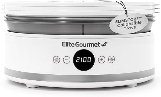 Elite Gourmet EFD329WD Digital Food Dehydrator, 5 SlimStore Trays, White | Adjustable timer & temp controls - BPA-free collapsible trays, compact storage - makes jerky, herbs, fruit, veggies & snacks