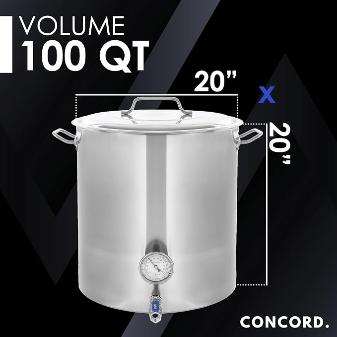 CONCORD Stainless Steel Home Brew Kettle Stock Pot (Weldless Fittings) (100 QT/ 25 Gal)