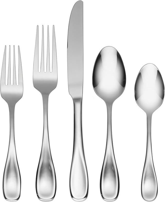 Oneida Silverware Set For 8, Voss 45-Piece Everyday Flatware Set with Serving Utensils, Service For 8, 18/0 Stainless Steel, Mirror Finish, Dishwasher Safe, Knives Spoons and Forks (Silver, 45 Pieces)