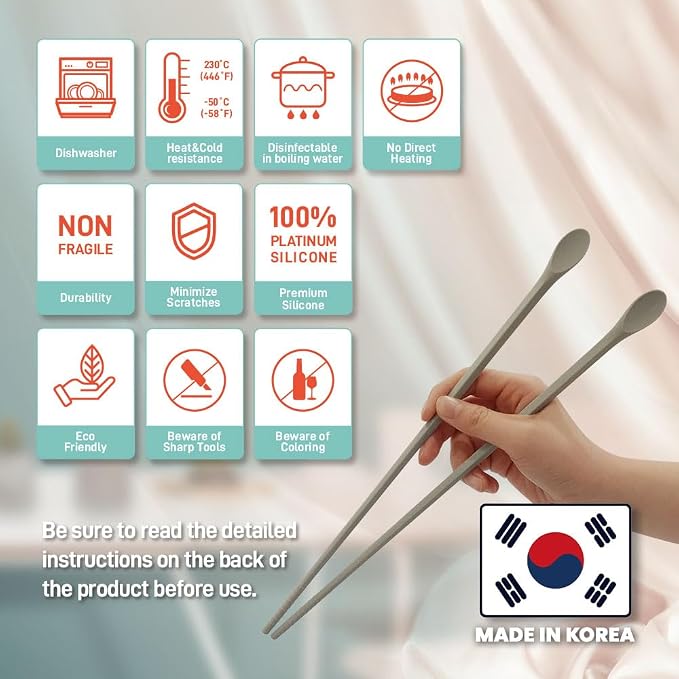 Reusable Long Silicone Cooking Chopsticks with Spoon 12 Inches 1 Pair, Dishwasher Safe, BPA-free Non-Slip, Non-Scratch, Korea Japanese Kitchen Utensils (Pastel Grey, 1Pair )