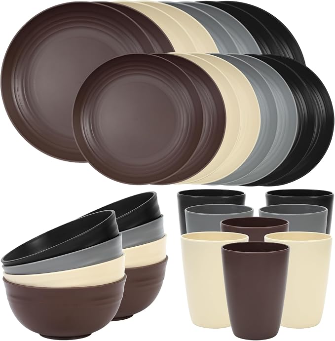Quatish 32 Piece Plates and Bowls Sets for 8, Unbreakable Dinnerware Sets, Dish Set for Camping, Dishwasher Microwave Safe, Outdoor Kitchen and Apartment Dorm Dinning RV Essentials, Brown