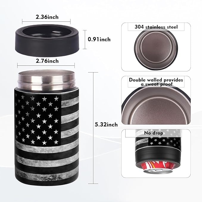 Stepstall 14 oz. Beer Bottle and Can Cooler with Beer Opener,3 in 1 Slim Can Beer Bottle Insulators Holder, Stainless Steel Double Walled Insulated Can Cooler for Beer,Soda, Black Flag
