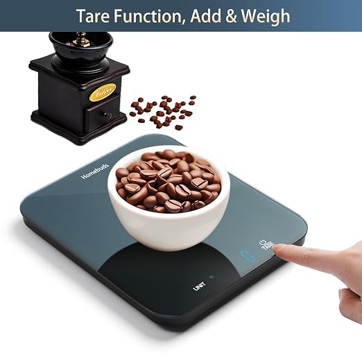 Homebuds Food Scale, 33lb/15kg Digital Kitchen Scale, Weight Grams and Ounces in 1g/0.1oz Precision for Baking and Cooking, LED Display, 3*AAA Batteries Included, Tempered Glass, Blue