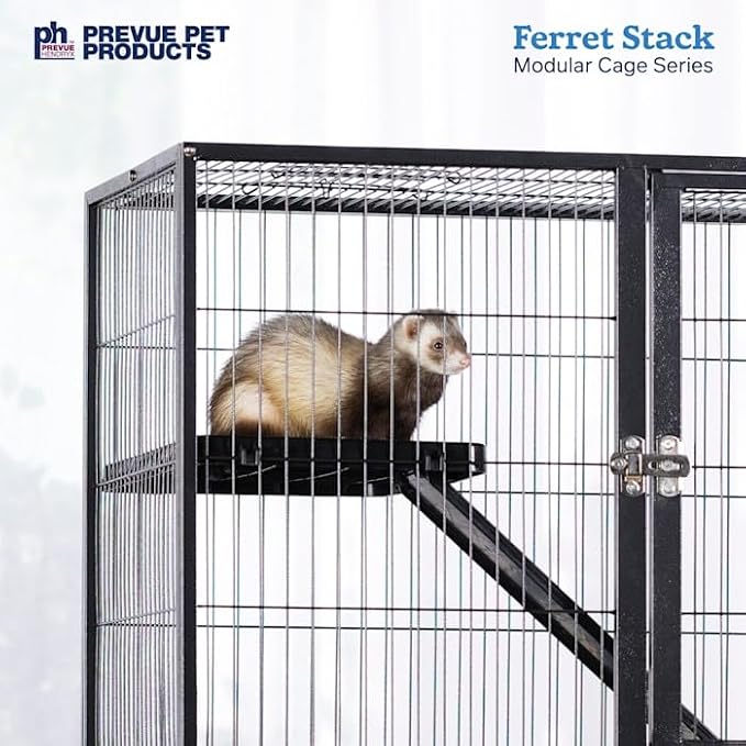 Prevue Pet Products Ferret Stacking Cage Add-On Unit - Extra Level with Ramps and Platform for Modular Ferret Habitat, Accessories for Cage Expansion with Shelves & Ladders for Climbing - Black