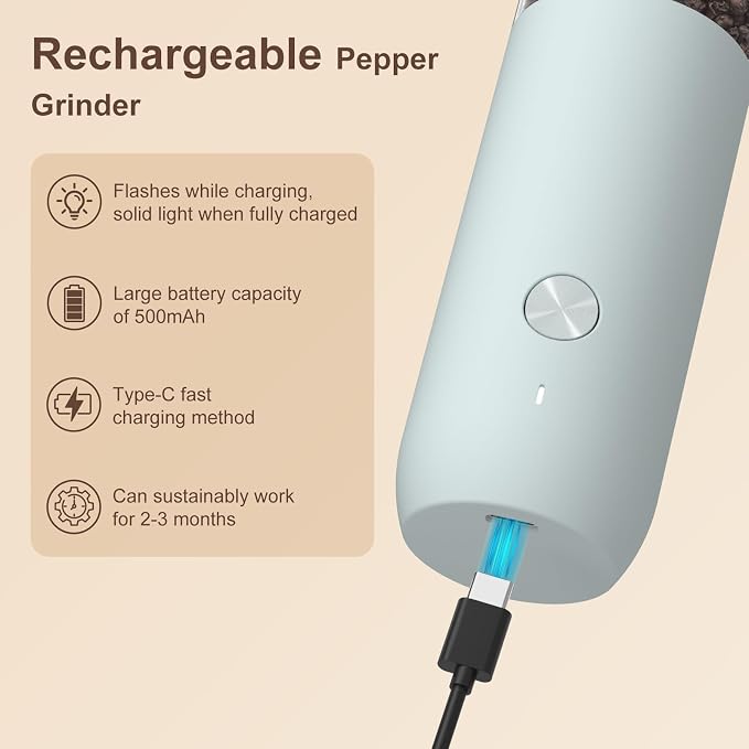 Ultrean Pepper Grinder, Rechargeable Salt and Pepper Grinder with 6 Adjustable Coarseness, LED Light, One-Hand Automatic Operation, Gifts for Women, Blue