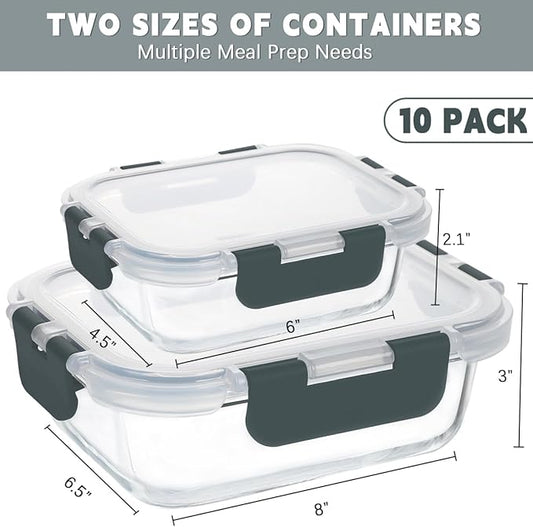 KAMOTA Glass Food Storage Containers, 10 Pack Glass Meal Prep Containers, Airtight Containers with Snap-Lock Lids, 34 oz and 13 oz gray Container Set with Lids, for Microwave/Oven/Freezer/Dishwasher
