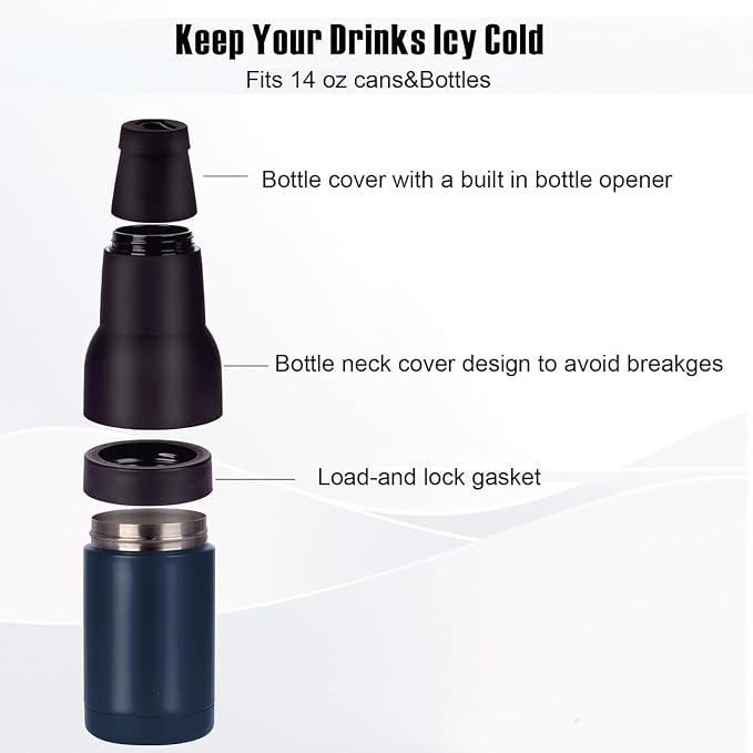 Stepstall 14 oz Beer Bottle and Can Cooler with Beer Opener, Navy Blue | 3 in 1, Slim Can Beer Bottle Insulators Holder, Stainless Steel Double Walled Insulated, For Beer, Soda