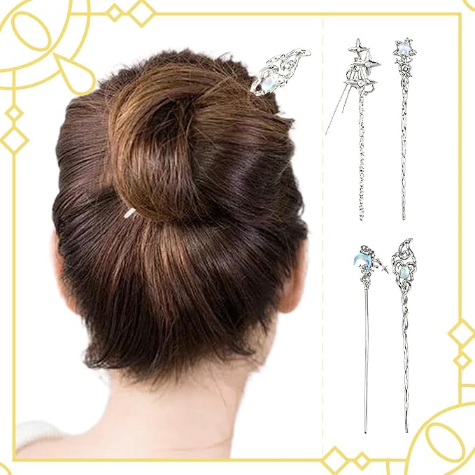 SUNNYCLUE 1 Box 4Pcs 4 Styles Moon Hair Pin Stick Chinese Hanfu Hair Sticks Silver Star Butterfly Heart Alloy Resin Asian Vintage Metal Tibetan Chopsticks for Chinese Hanfu Long Hairstyles DIY Decor
