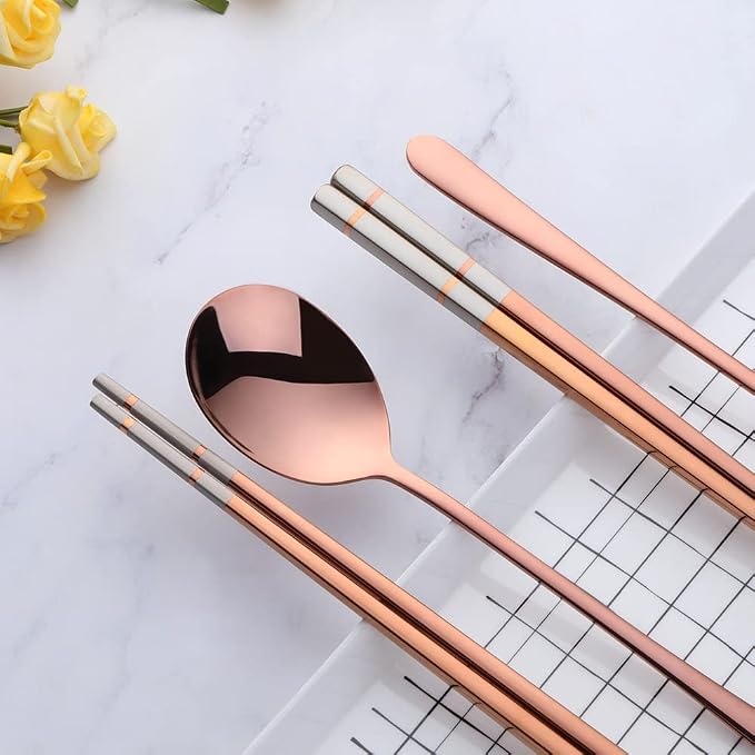 Buyer Star Stainless Steel Korean Chopsticks Spoons and Fork Set, 2 Pack Reusable Forks and Spoons Silverware Korean Utensil Set, Portable Utensils Dinnerware for Home (Rose Gold)