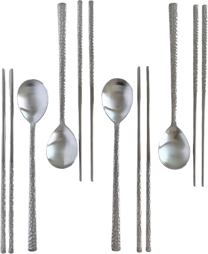 Korean Made Silver Glossy Hammered Stainless Steel Korean Spoon & Chopstick SET Gift for Mom Stocking Stuffer(4SET)