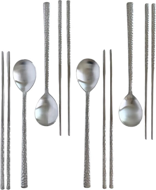 Korean Made Silver Glossy Hammered Stainless Steel Korean Spoon & Chopstick SET Gift for Mom Stocking Stuffer(4SET)