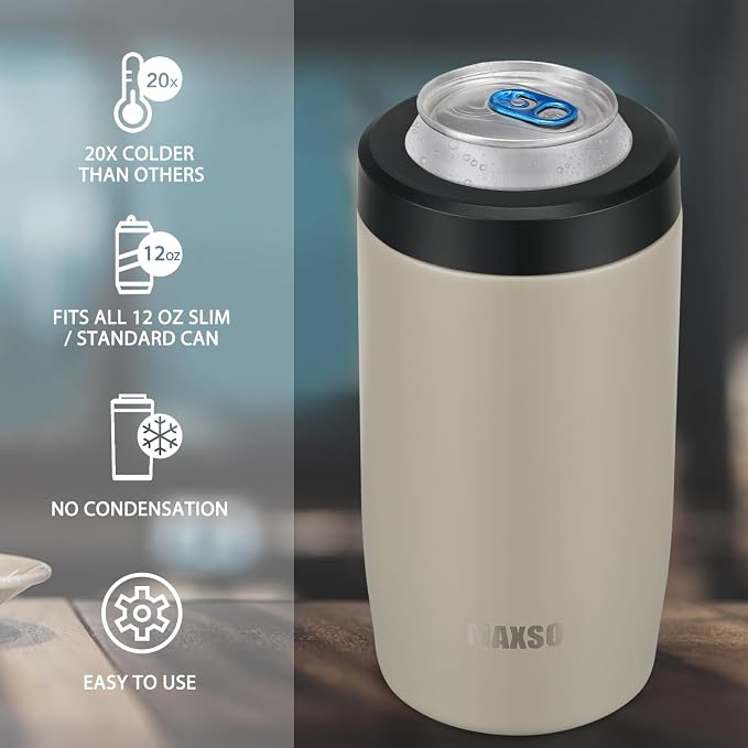 4-in-1 Slim Can Cooler Easy to Hold Insulated Beer Can Holder Double-walled Stainless Steel for All 12 Oz Cans (Beige)