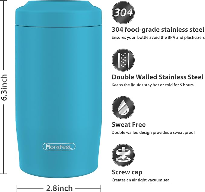 Morefeel 4-in-1 Insulated Can Cooler for 12 oz Cans & Bottles | 304 Stainless Steel Can Holder Fits 12 Oz Slim Cans, Standard Cans, Beer Bottles & Works as A Open Cup; Dishwasher Safe