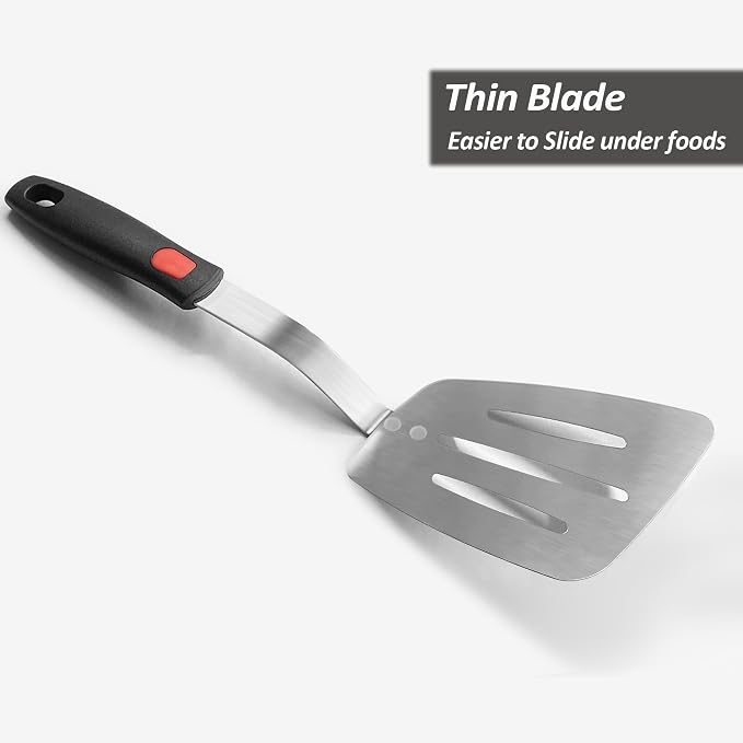 Stainless Steel Flexible Spatula, Thin Metal Turners, 2Pack(S+XL) Slotted | Kitchen Spatula Truner for Cast Iron Skillet,Thin Blade & Heat Resistant Silicone Handle, Great for Egg, Cookie, Meat, Crep