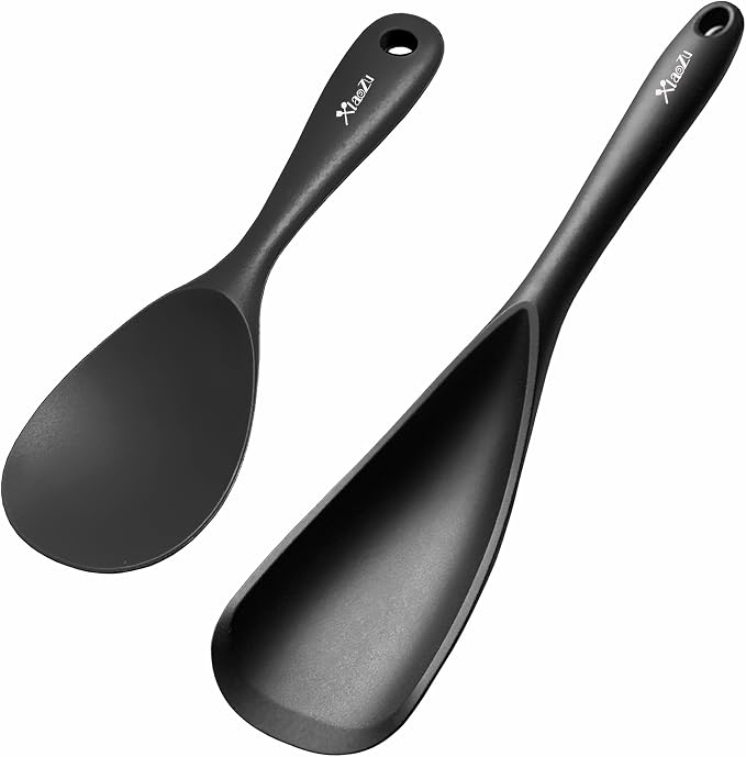 Cooking Spoon and Rice Scooper Set for Nonstick Cookwares, Heat Resistant- Seamless Design, Great for Cooking, Serving, Mixing, Scoop, and Scrape,2 Pack, Black