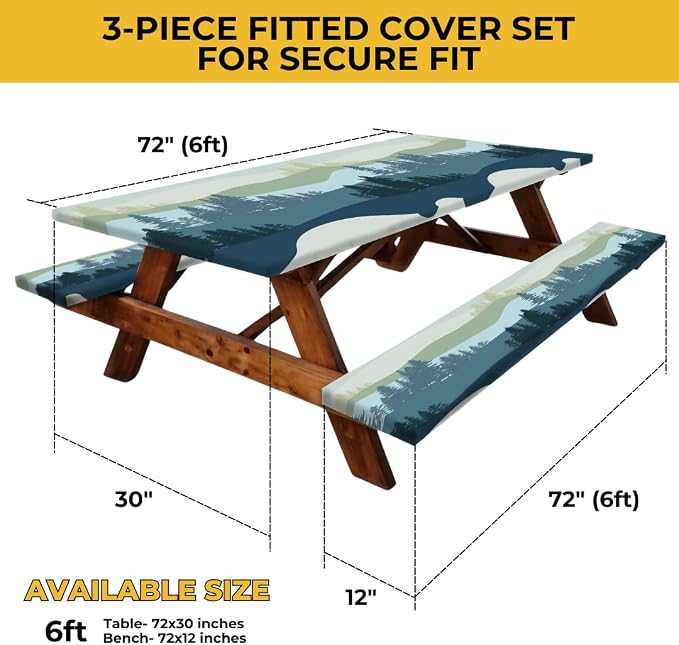 6ft Polyester Picnic Table Cover with Bench Covers Tablecloth Mountain View | Polyester Picnic Table Cover Windproof & Waterproof, Perfect for Camping Gifts & RV Essentials, Cool Camping Gadgets with bag