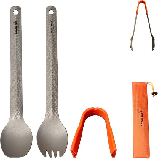 3 in1 Titanium Ultralight Cutlery Set, Long Handle Spoon and Spork, Camping tong, Travel Utensils with Bag (22CM)