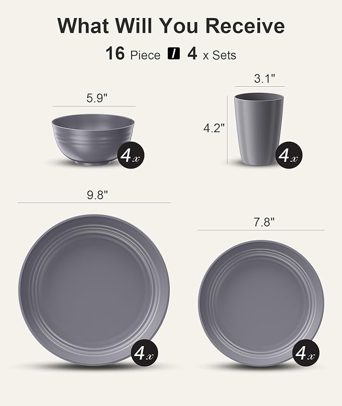 Quatish 16 Piece Plates and Bowls Sets for 4, Unbreakable Dinnerware Sets, Plastic Dish Set for Camping, Dishwasher Microwave Safe, Outdoor Kitchen and Apartment Dorm Dinning RV Essentials, Grey