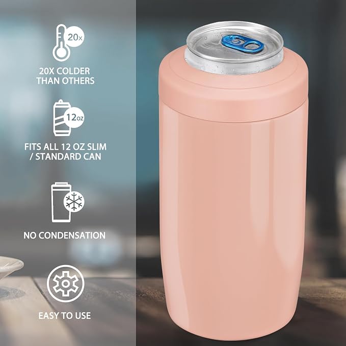 4-in-1 Slim Can Cooler Easy to Hold Insulated Beer Can Holder Double-walled Stainless Steel for All 12 Oz Cans Gift (Jelly Pink)