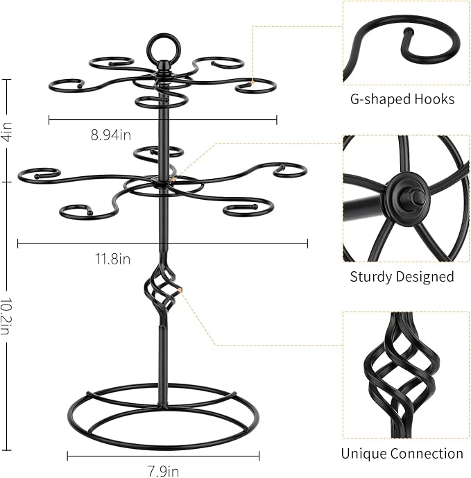 QPIX DIGITAL Wine Glass Rack 2 Tier 10 Holders Wine Glasses Stand, Black Champagne Tower Stand Countertop Tabletop Stemware Rack for Home and Bar Storage,Wine Glass Display Easy Assembly