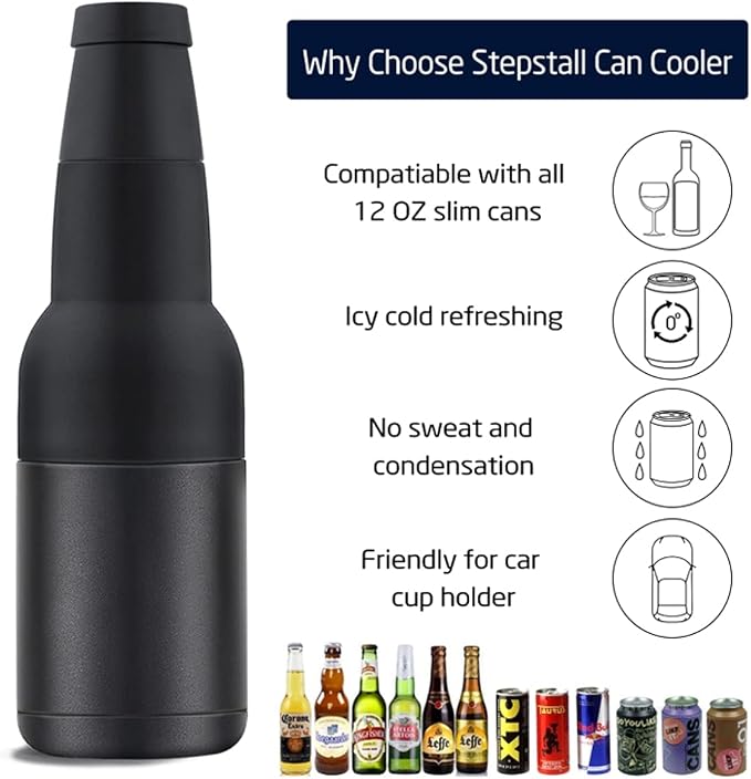 Stepstall Beer Gifts for Men, Beer Bottle and Can Cooler with Beer Opener, 12 oz. Slim Can Beer Bottle Insulators Holder, Vacuum Insulated Double Walled Stainless Steel(Matte Black)