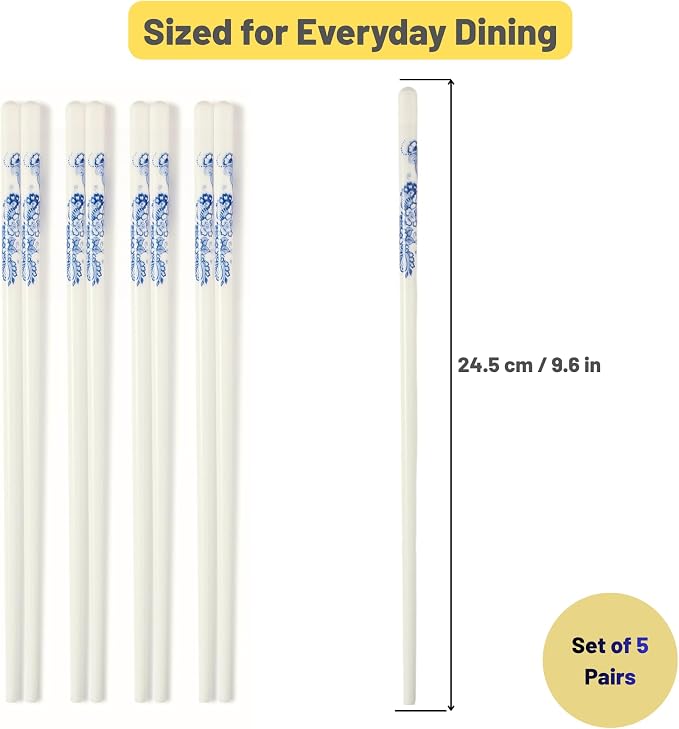 Porcelain Chopsticks Set of 5 Pairs, Reusable Bone Ceramic Chopsticks, Dishwasher Safe, Non-Slip Design, Elegant Gift Box for Family or Restaurant Use (Lantern flower)