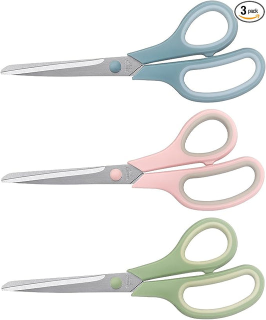 LONGKEY 8.5" Pastel Scissors 3-Pack, Ultra Sharp Stainless Steel | All Purpose Scissors for Office Home School, Soft Comfort-Grip Right/Left Hand