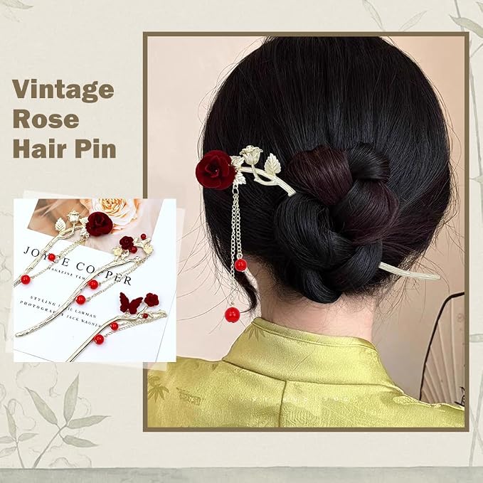 inSowni 8 Pieces Retro Vintage Asian Chinese Traditional Hanfu Gold Metal Rose Flower Butterfly Hair Pins with Bead Pendants Long Hair Sticks Forks Bun Updo Holders Hairpins for Women Girls