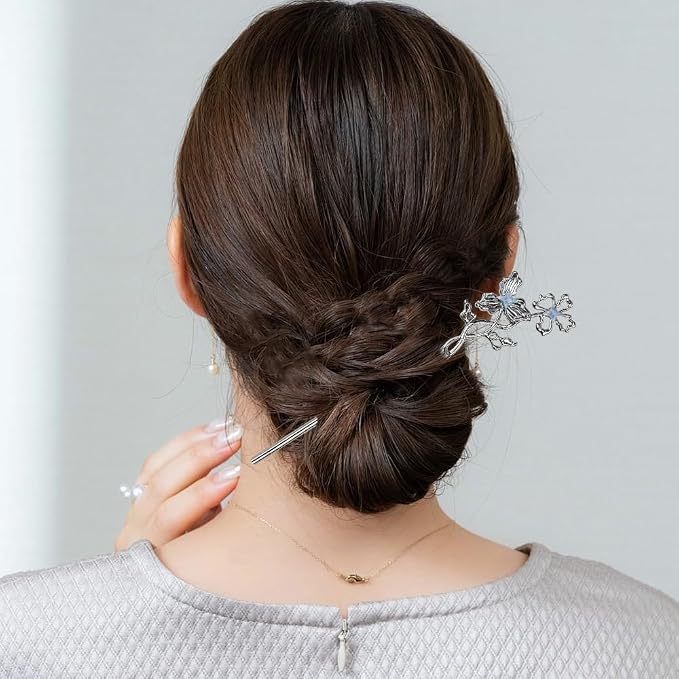 5PCS Butterfly Flower Hair Sticks for Buns Long Hair Chinese Hanfu Asian Vintage Hair Chopsticks Metal Silver Hair Bun Updo Holders Long Hairpins for Women Girls