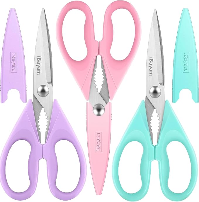 iBayam 8.7" Cute Kitchen Scissors All Purpose, Pastel Pink Purple Teal | Stainless Steel, Comfort-Grip Handles, Dishwasher Safe, Cute Pastel kitchen utensils accessories Apartment Essentials