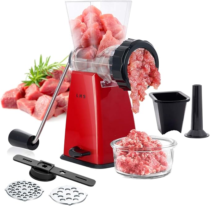 Manual Meat Grinder with Stainless Steel Blades Heavy Duty Powerful Suction Base for Home Use Fast and Effortless for All Meats-Red