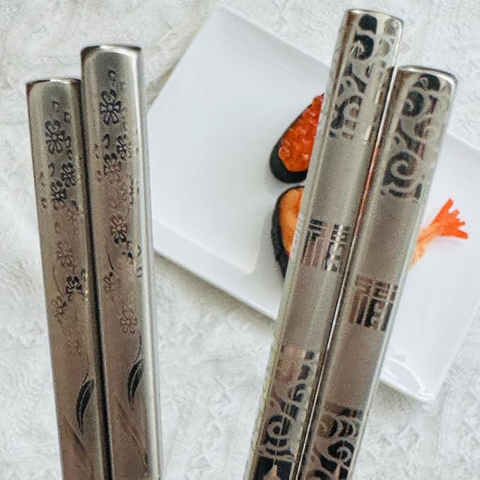 2Pairs Silver Series Metal Chopsticks 304 Stainless Steel Chopsticks Set, Metal Chop Sticks Reusable, Dishwasher Safe,Anti-slip ,9.25inch,Flower
