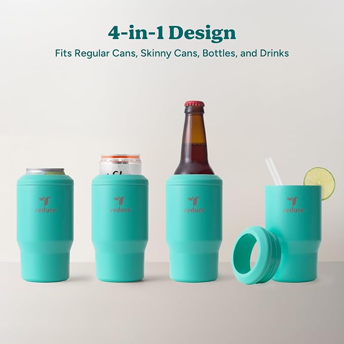 Reduce 4-in-1 Drink Cooler - Versatile Can & Bottle Holder with Vacuum Insulation - Keeps Drinks Cold Up to 4 Hours - Includes Bottle Opener - Fits Cupholders & Dishwasher Safe - 14oz - Pina Colada