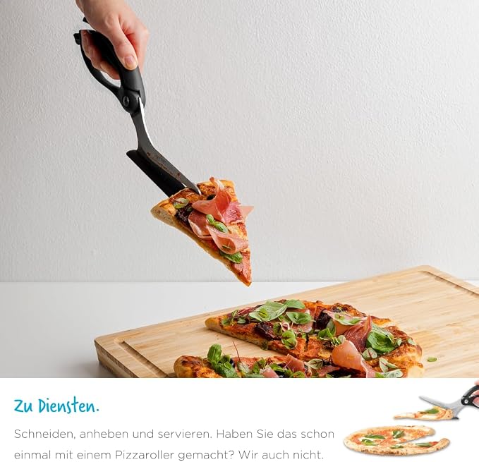 Dreamfarm Scizza 2-In-1 Easy Ergonomic Pizza Scissors with Stainless Steel Pizza Cutter Blades & Non-Stick Slice Server - Black | Cuts and serves pizza with non-scratch, heat resistant serving base, spring-loaded German stainless steel blades