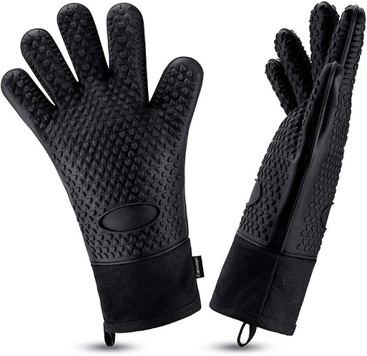 Comsmart BBQ Gloves, Heat Resistant Silicone Grilling Gloves, Long Waterproof BBQ Kitchen Oven Mitts with Inner Cotton Layer for Barbecue, Cooking, Baking, Smoker(Black)