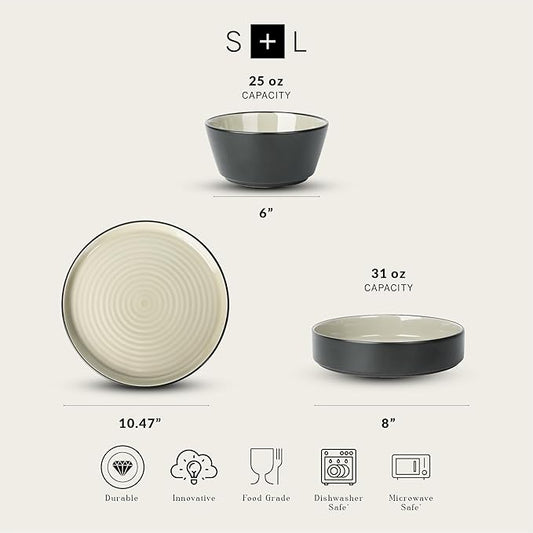 Stone Lain Elica Stoneware 12-Piece Dinnerware, Plates and Bowls Sets, Service for 4, Beige and Black, Modern Dishware, Microwave & Dishwasher Safe