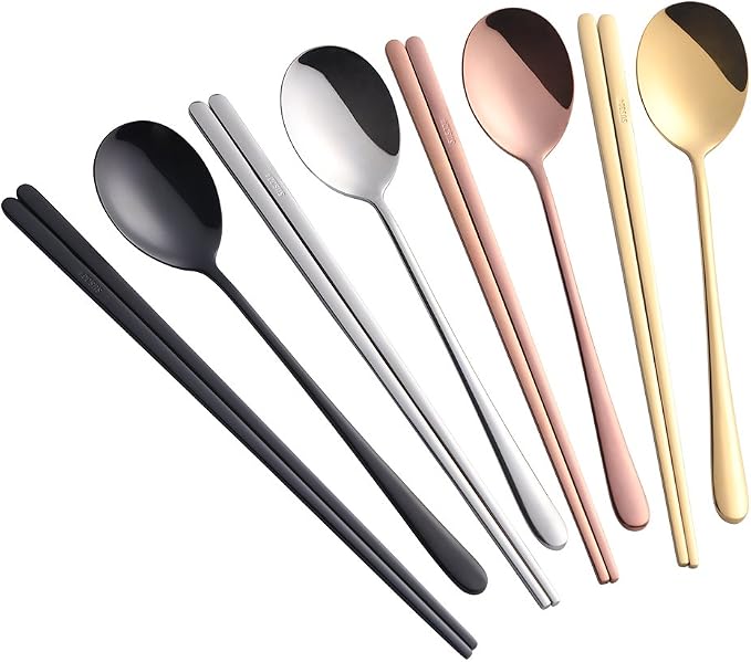 Buyer Star 4 Set Chopsticks Spoon Set, 4 Color Reusable Metal Stainless Steel Korean Chopstix Spoon Set Christmas Gift
