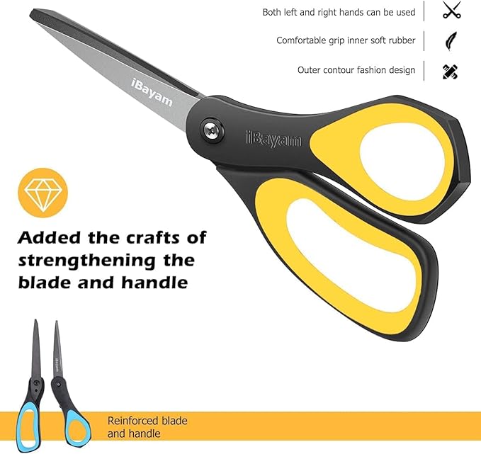 iBayam 8.5" All Purpose Nonstick Scissors, Titanium Scissors for Kids Craft | 2.5mm Blade| Comfort Grip Right/Left Handles| Multipurpose | Cutting Tape, Glue, Adhesive Labels, Paper Fabric