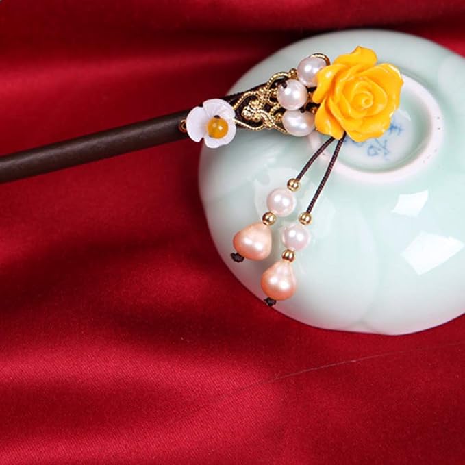 Wooden Hair Pins 7" Chinese Yellow Flower Hair Sticks For Long Hair 1 Pack Buns Accessories for Girl