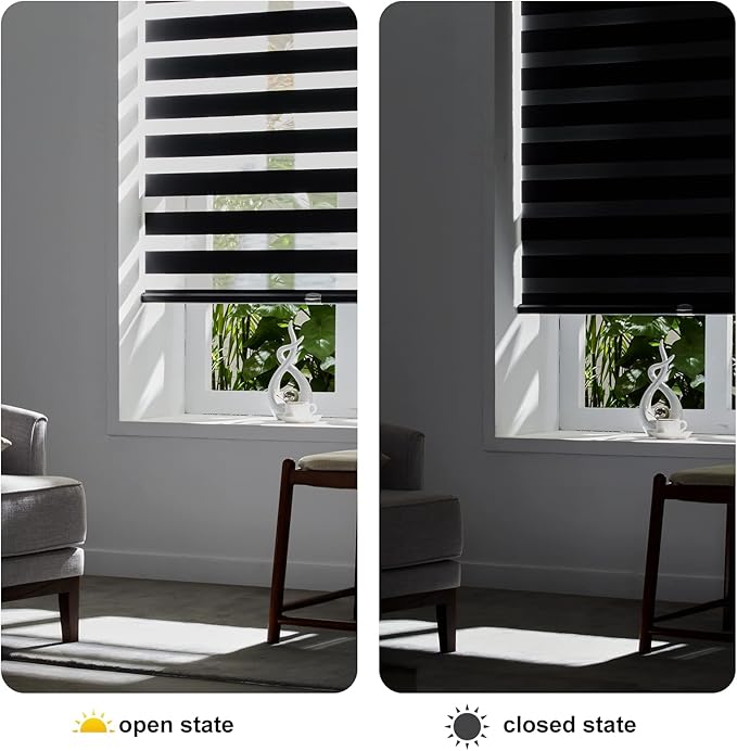 Persilux Cordless Zebra Blinds for Windows (34" W X 64" H, Black) Free-Stop Windows Shades Dual Layer Light Control for Day and Night, Light Filtering Sheer Shades for Home, Easy to Install