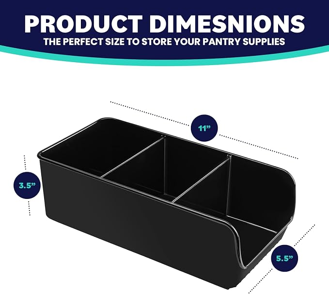 Black Storage Bins for Pantry - 3 Compartment Kitchen Cabinet and Cupboard Storage Organizers, Multipurpose Storage Bins for Snacks, Packets, Pouches, Spice Packets, Plastic Bin for Fridge - 6 Pack