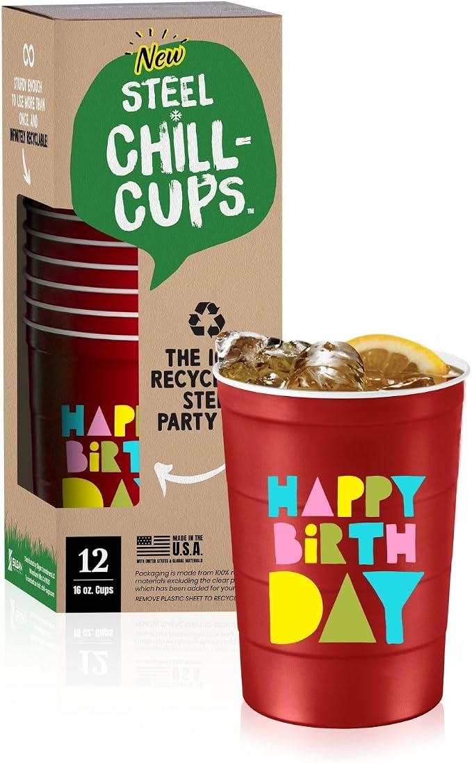 Steel Chill Cups 16 oz. Reusable Party Cups, Happy Birthday, 12 Count | Made in USA from Steel these durable cups chill fast & keep your drink cold for longer, 100% recyclable for sustainablity