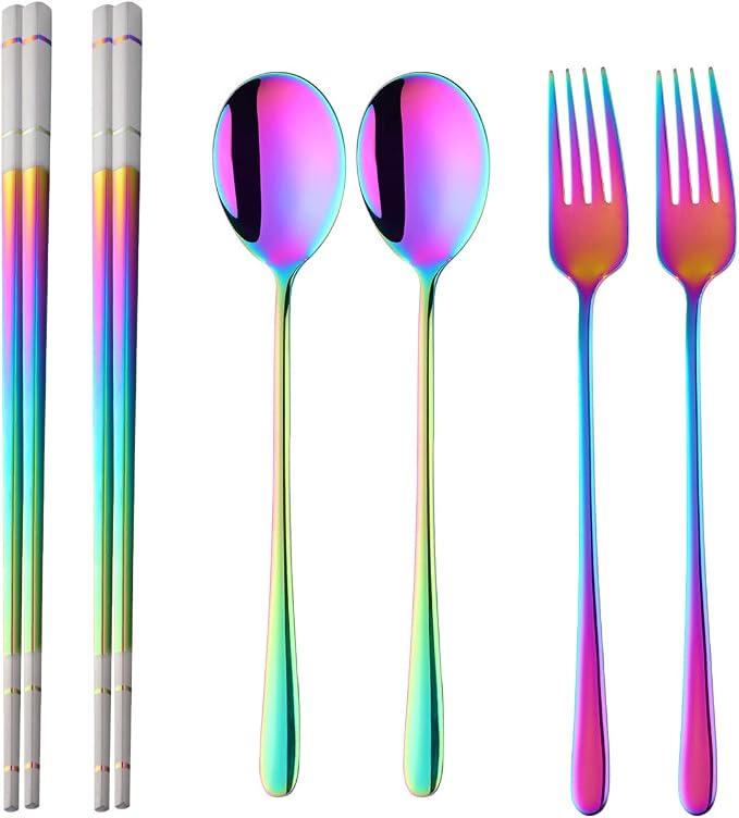 Buyer Star Stainless Steel Korean Chopsticks Spoons and Fork Set, 2 Pack Reusable Forks and Spoons Silverware Korean Utensil Set, Portable Utensils Dinnerware for Home (Rainbow)