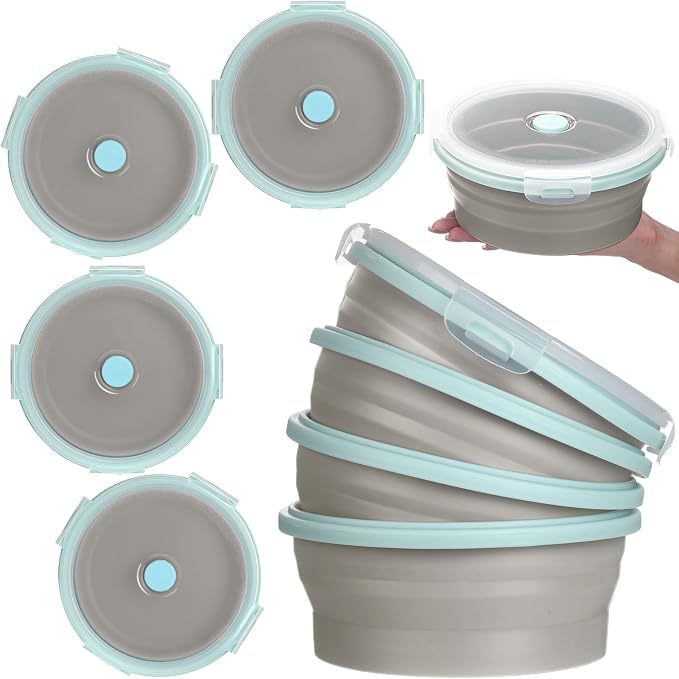 4 Pcs Collapsible Bowls with Lids Silicone Camping Food Storage Container Expandable Folding Salad Lunch Box Travel Container for Hiking Camping